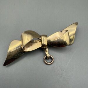 Vintage 12K Gold Filled Bow Brooch Pin Missing Dangle Charm FSB Signed Estate